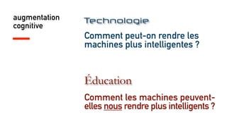 augmentation
cognitive
Comment peut-on rendre les
machines plus intelligentes ?
Comment les machines peuvent-
elles nous rendre plus intelligents ?
Technologie
Éducation
 
