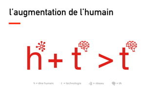 l’augmentation de l’humain
h = être humain t = technologie = réseau = IA
>+h tt
 