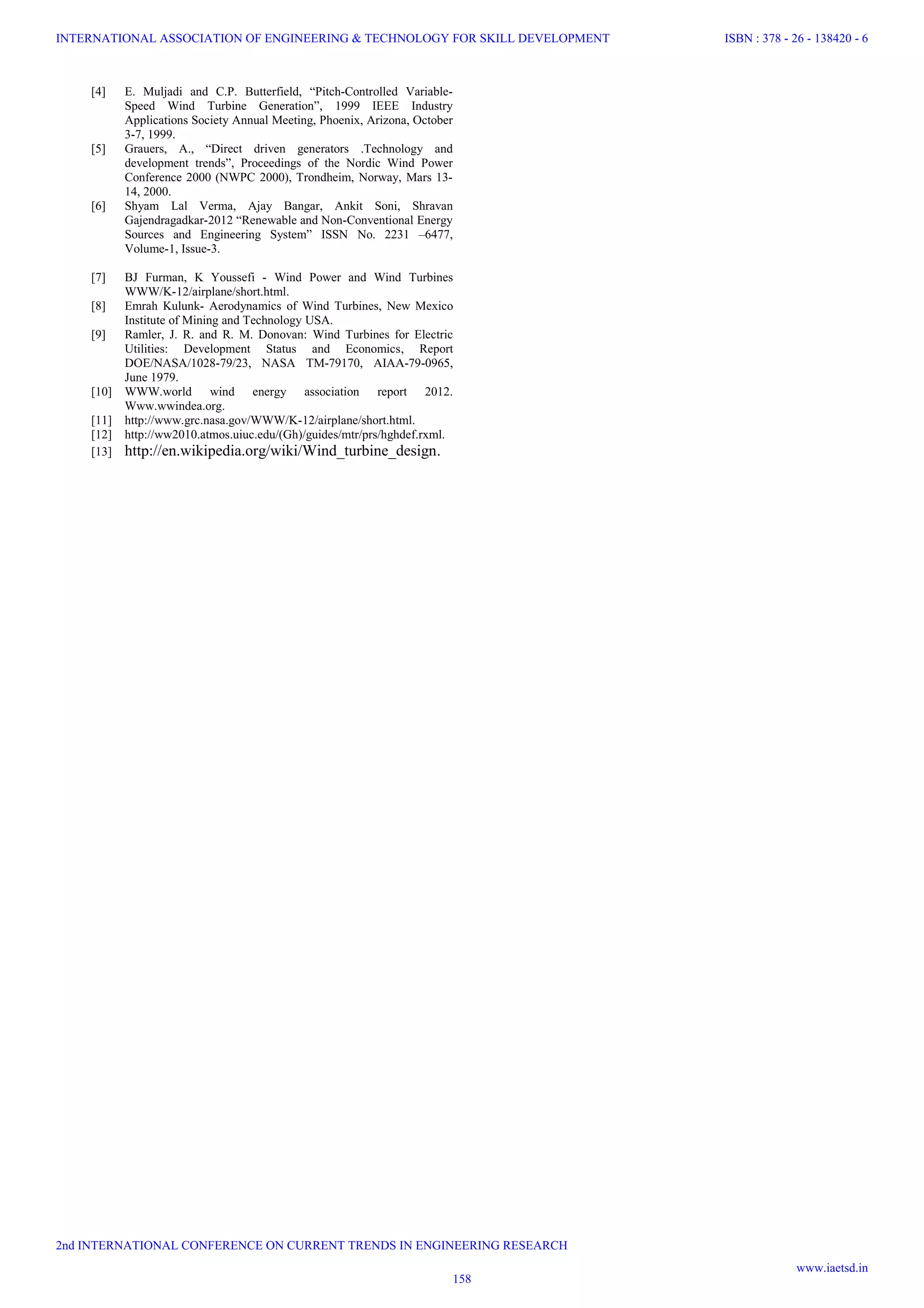 [4] E. Muljadi and C.P. Butterfield, “Pitch-Controlled Variable-
Speed Wind Turbine Generation”, 1999 IEEE Industry
Applications Society Annual Meeting, Phoenix, Arizona, October
3-7, 1999.
[5] Grauers, A., “Direct driven generators .Technology and
development trends”, Proceedings of the Nordic Wind Power
Conference 2000 (NWPC 2000), Trondheim, Norway, Mars 13-
14, 2000.
[6] Shyam Lal Verma, Ajay Bangar, Ankit Soni, Shravan
Gajendragadkar-2012 “Renewable and Non-Conventional Energy
Sources and Engineering System” ISSN No. 2231 –6477,
Volume-1, Issue-3.
[7] BJ Furman, K Youssefi - Wind Power and Wind Turbines
WWW/K-12/airplane/short.html.
[8] Emrah Kulunk- Aerodynamics of Wind Turbines, New Mexico
Institute of Mining and Technology USA.
[9] Ramler, J. R. and R. M. Donovan: Wind Turbines for Electric
Utilities: Development Status and Economics, Report
DOE/NASA/1028-79/23, NASA TM-79170, AIAA-79-0965,
June 1979.
[10] WWW.world wind energy association report 2012.
Www.wwindea.org.
[11] http://www.grc.nasa.gov/WWW/K-12/airplane/short.html.
[12] http://ww2010.atmos.uiuc.edu/(Gh)/guides/mtr/prs/hghdef.rxml.
[13] http://en.wikipedia.org/wiki/Wind_turbine_design.
158
INTERNATIONAL ASSOCIATION OF ENGINEERING & TECHNOLOGY FOR SKILL DEVELOPMENT
2nd INTERNATIONAL CONFERENCE ON CURRENT TRENDS IN ENGINEERING RESEARCH
ISBN : 378 - 26 - 138420 - 6
www.iaetsd.in
 