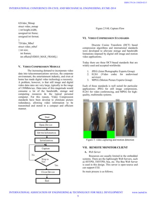 6)Video_Mmap
struct video_mmap
{ int height,width;
unsigned int frame;
unsigned int format;
}
7)Video_Mbuf
struct video_mbuf
{ int size;
int frames;
int offsets[VIDEO_MAX_FRAM];}
V. VIDEO COMPRESSION MODULE
The increasing demand to incorporate video
data into telecommunications services, the corporate
environment, the entertainment industry, and even at
home has made digital video technology a necessity.
A problem, however, is that still image and digital
video data rates are very large, typically in the range
of 150Mbits/sec. Data rates of this magnitude would
consume a lot of the bandwidth, storage and
computing resources in the typical personal
computer. For this reason, Video Compression
standards have been develop to eliminate picture
redundancy, allowing video information to be
transmitted and stored in a compact and efficient
manner.
Figure 2.V4L Capture Flow
VI. VIDEO COMPRESSION STANDARDS
Discrete Cosine Transform (DCT) based
compression algorithms and international standards
were developed to alleviate storage and bandwidth
limitations imposed by digital still image and motion
video applications.
Today there are three DCT-based standards that are
widely used and accepted worldwide:
1. JPEG (Joint Photographic Experts Group)
2. H.261 (Video codec for audiovisual
services)
3. MPEG (Motion Picture Experts Group)
Each of these standards is well suited for particular
applications: JPEG for still image compression,
H.261 for video conferencing, and MPEG for high-
quality, multimedia systems.
Figure 3: video capturing and motion detection
VII. REMOTE MONITOR CLIENT
A. Web Server
Resources are usually limited in the embedded
systems. There are the lightweight Web Servers, such
as HTTPD, THTTPD, boa, etc. The Boa Web Server
is used in this design. This server is open-source and
can support CGI.
Its main process is as follows;
INTERNATIONAL CONFERENCE ON CIVIL AND MECHANICAL ENGINEERING, ICCME-2014
INTERNATIONAL ASSOCIATION OF ENGINEERING & TECHNOLOGY FOR SKILL DEVELOPMENT www.iaetsd.in
9
ISBN:378-26-138420-0215
 