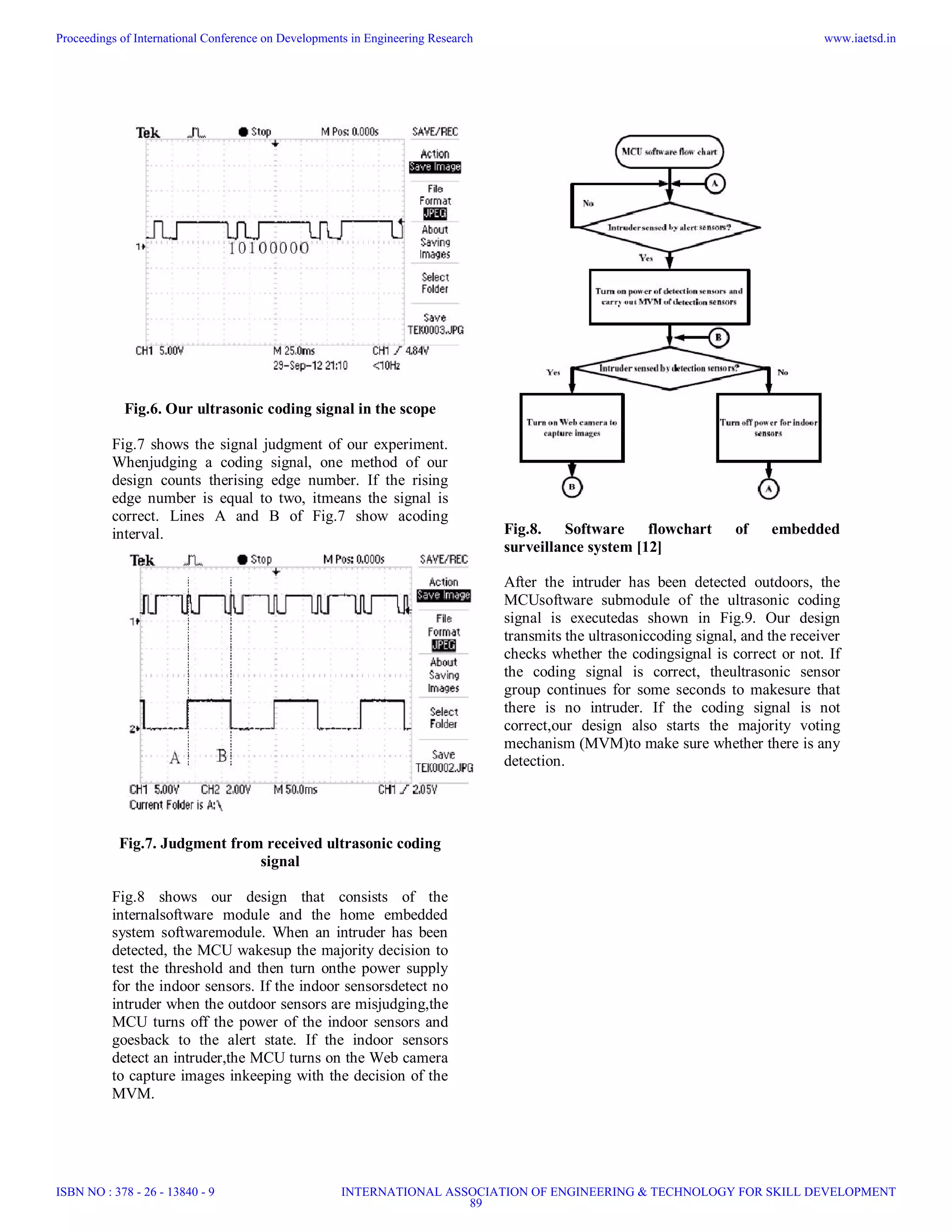 Fig.6. Our ultrasonic coding signal in the scope
Fig.7 shows the signal judgment of our experiment.
Whenjudging a coding signal, one method of our
design counts therising edge number. If the rising
edge number is equal to two, itmeans the signal is
correct. Lines A and B of Fig.7 show acoding
interval.
Fig.7. Judgment from received ultrasonic coding
signal
Fig.8 shows our design that consists of the
internalsoftware module and the home embedded
system softwaremodule. When an intruder has been
detected, the MCU wakesup the majority decision to
test the threshold and then turn onthe power supply
for the indoor sensors. If the indoor sensorsdetect no
intruder when the outdoor sensors are misjudging,the
MCU turns off the power of the indoor sensors and
goesback to the alert state. If the indoor sensors
detect an intruder,the MCU turns on the Web camera
to capture images inkeeping with the decision of the
MVM.
Fig.8. Software flowchart of embedded
surveillance system [12]
After the intruder has been detected outdoors, the
MCUsoftware submodule of the ultrasonic coding
signal is executedas shown in Fig.9. Our design
transmits the ultrasoniccoding signal, and the receiver
checks whether the codingsignal is correct or not. If
the coding signal is correct, theultrasonic sensor
group continues for some seconds to makesure that
there is no intruder. If the coding signal is not
correct,our design also starts the majority voting
mechanism (MVM)to make sure whether there is any
detection.
Proceedings of International Conference on Developments in Engineering Research
ISBN NO : 378 - 26 - 13840 - 9
www.iaetsd.in
INTERNATIONAL ASSOCIATION OF ENGINEERING & TECHNOLOGY FOR SKILL DEVELOPMENT
89
 