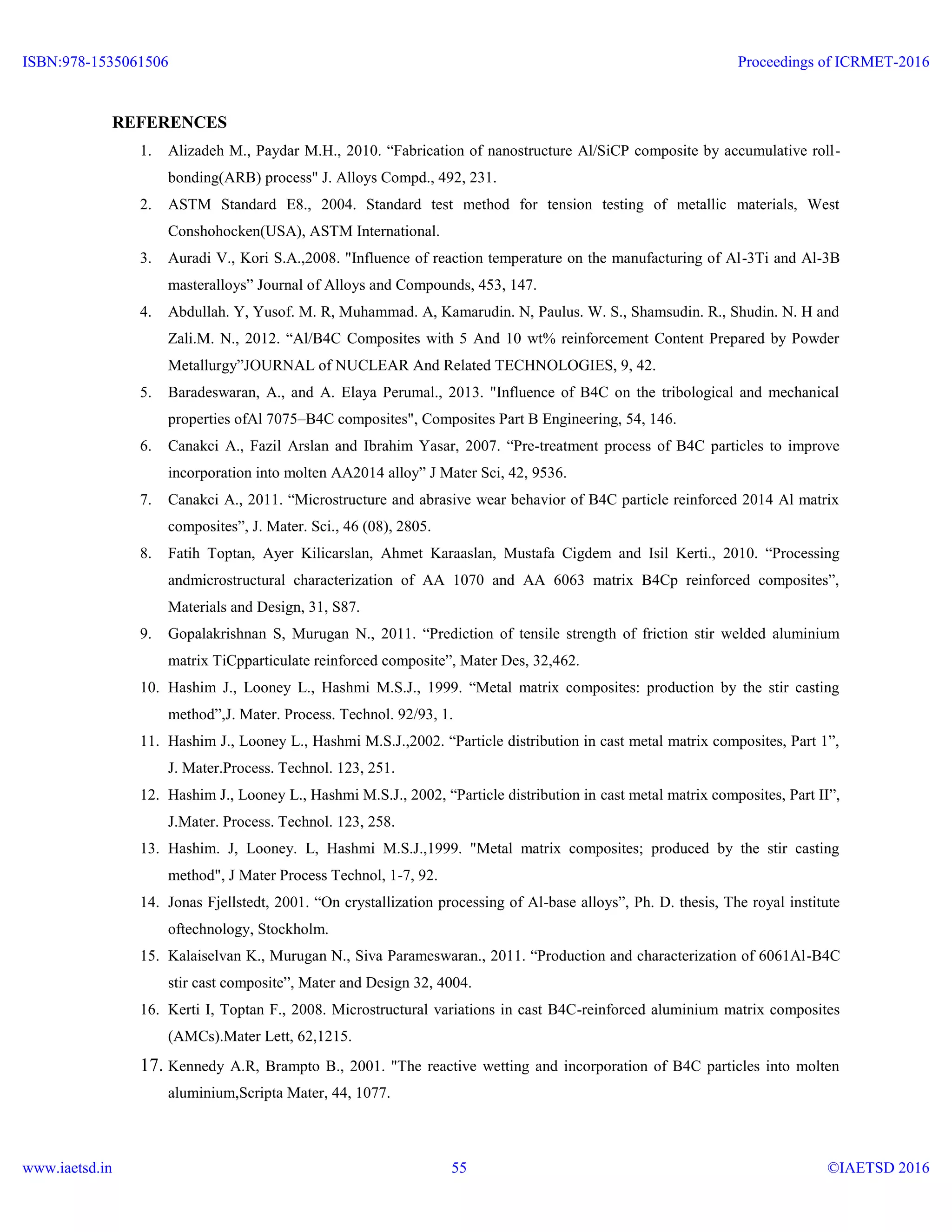 REFERENCES
1. Alizadeh M., Paydar M.H., 2010. “Fabrication of nanostructure Al/SiCP composite by accumulative roll-
bonding(ARB) process" J. Alloys Compd., 492, 231.
2. ASTM Standard E8., 2004. Standard test method for tension testing of metallic materials, West
Conshohocken(USA), ASTM International.
3. Auradi V., Kori S.A.,2008. "Influence of reaction temperature on the manufacturing of Al-3Ti and Al-3B
masteralloys” Journal of Alloys and Compounds, 453, 147.
4. Abdullah. Y, Yusof. M. R, Muhammad. A, Kamarudin. N, Paulus. W. S., Shamsudin. R., Shudin. N. H and
Zali.M. N., 2012. “Al/B4C Composites with 5 And 10 wt% reinforcement Content Prepared by Powder
Metallurgy”JOURNAL of NUCLEAR And Related TECHNOLOGIES, 9, 42.
5. Baradeswaran, A., and A. Elaya Perumal., 2013. "Influence of B4C on the tribological and mechanical
properties ofAl 7075–B4C composites", Composites Part B Engineering, 54, 146.
6. Canakci A., Fazil Arslan and Ibrahim Yasar, 2007. “Pre-treatment process of B4C particles to improve
incorporation into molten AA2014 alloy” J Mater Sci, 42, 9536.
7. Canakci A., 2011. “Microstructure and abrasive wear behavior of B4C particle reinforced 2014 Al matrix
composites”, J. Mater. Sci., 46 (08), 2805.
8. Fatih Toptan, Ayer Kilicarslan, Ahmet Karaaslan, Mustafa Cigdem and Isil Kerti., 2010. “Processing
andmicrostructural characterization of AA 1070 and AA 6063 matrix B4Cp reinforced composites”,
Materials and Design, 31, S87.
9. Gopalakrishnan S, Murugan N., 2011. “Prediction of tensile strength of friction stir welded aluminium
matrix TiCpparticulate reinforced composite”, Mater Des, 32,462.
10. Hashim J., Looney L., Hashmi M.S.J., 1999. “Metal matrix composites: production by the stir casting
method”,J. Mater. Process. Technol. 92/93, 1.
11. Hashim J., Looney L., Hashmi M.S.J.,2002. “Particle distribution in cast metal matrix composites, Part 1”,
J. Mater.Process. Technol. 123, 251.
12. Hashim J., Looney L., Hashmi M.S.J., 2002, “Particle distribution in cast metal matrix composites, Part II”,
J.Mater. Process. Technol. 123, 258.
13. Hashim. J, Looney. L, Hashmi M.S.J.,1999. "Metal matrix composites; produced by the stir casting
method", J Mater Process Technol, 1-7, 92.
14. Jonas Fjellstedt, 2001. “On crystallization processing of Al-base alloys”, Ph. D. thesis, The royal institute
oftechnology, Stockholm.
15. Kalaiselvan K., Murugan N., Siva Parameswaran., 2011. “Production and characterization of 6061Al-B4C
stir cast composite”, Mater and Design 32, 4004.
16. Kerti I, Toptan F., 2008. Microstructural variations in cast B4C-reinforced aluminium matrix composites
(AMCs).Mater Lett, 62,1215.
17. Kennedy A.R, Brampto B., 2001. "The reactive wetting and incorporation of B4C particles into molten
aluminium,Scripta Mater, 44, 1077.
ISBN:978-1535061506
www.iaetsd.in
Proceedings of ICRMET-2016
©IAETSD 201655
 