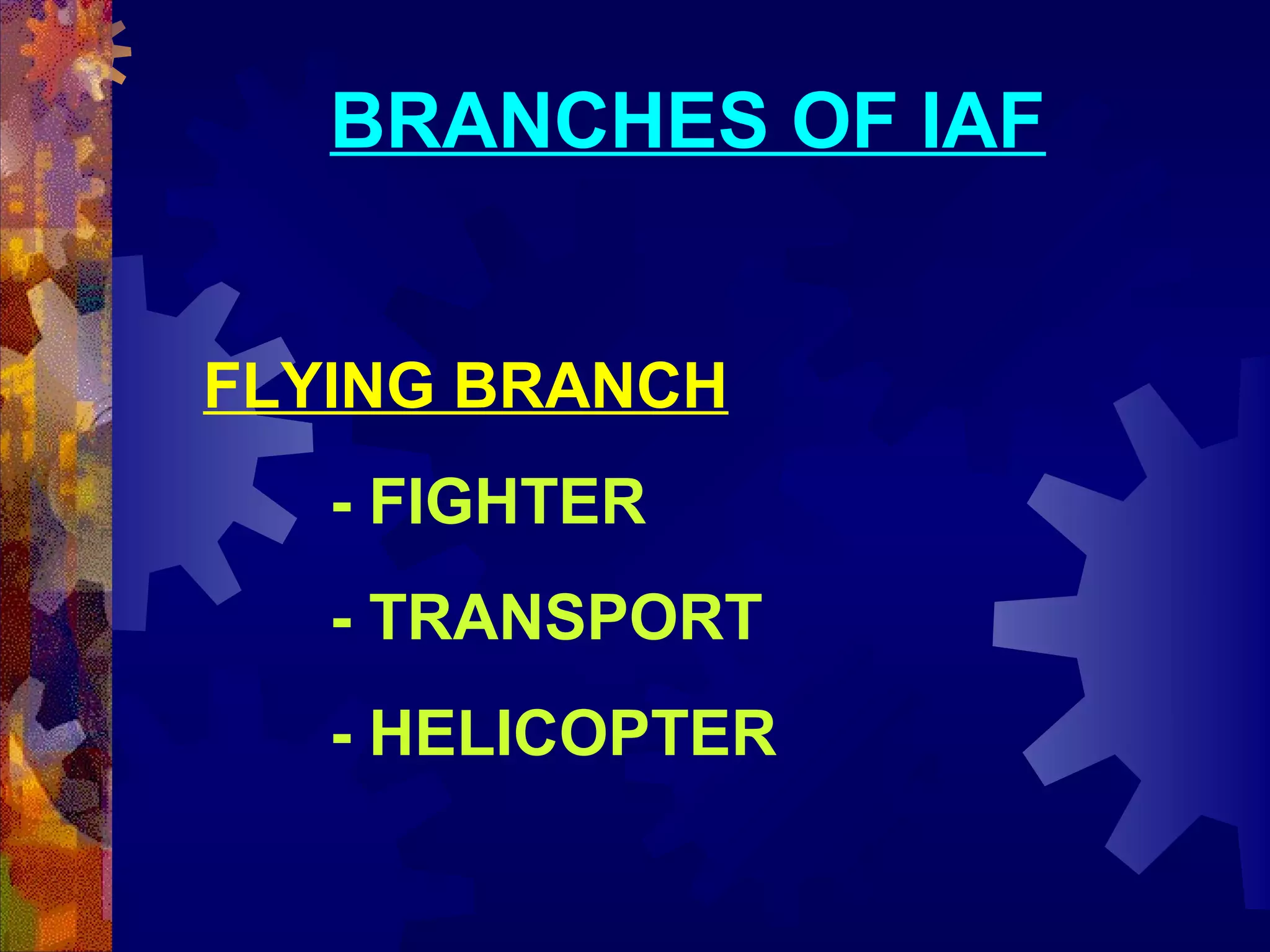 BRANCHES OF IAF
FLYING BRANCH
- FIGHTER
- TRANSPORT
- HELICOPTER

 