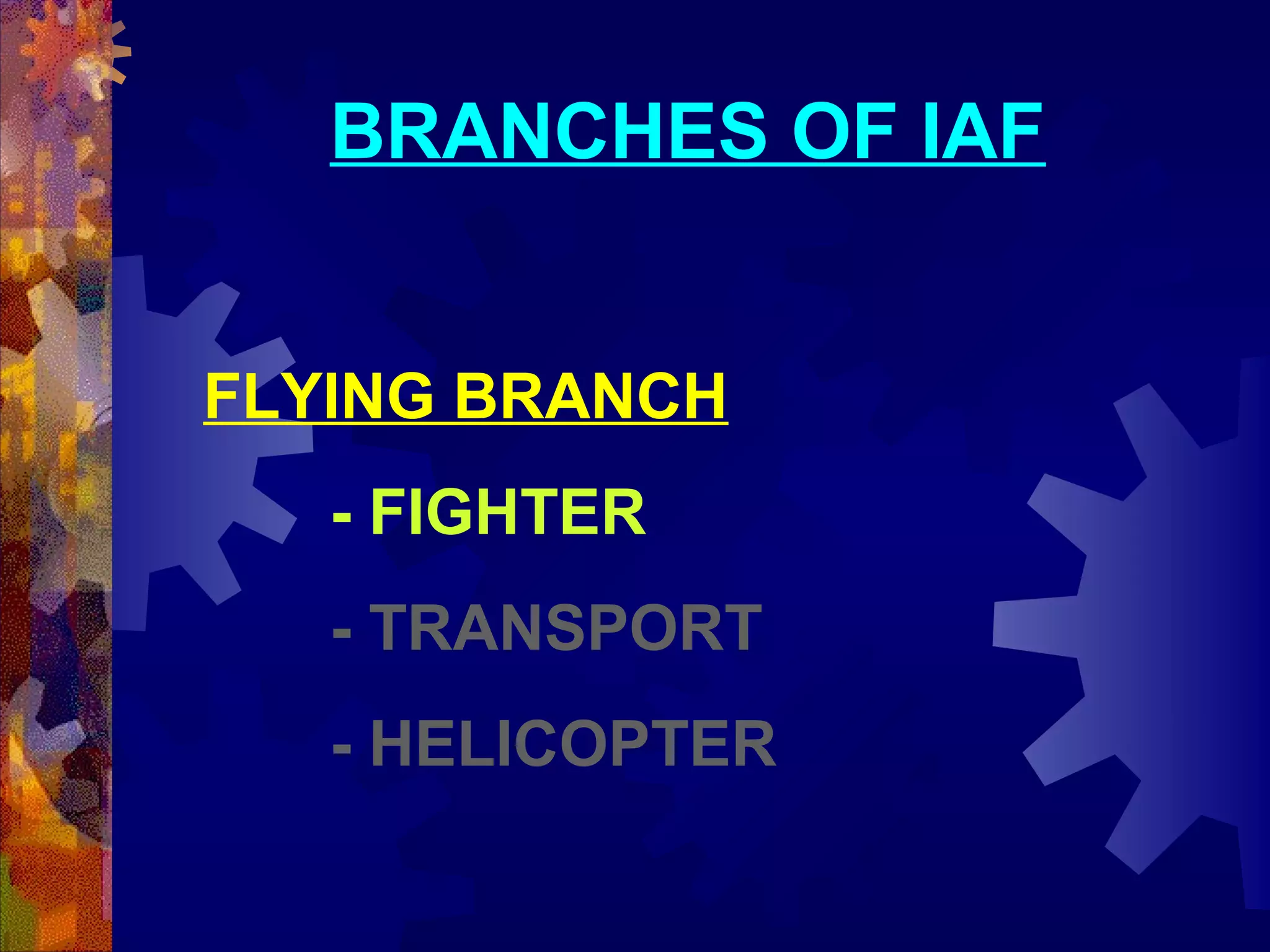 BRANCHES OF IAF
FLYING BRANCH
- FIGHTER
- TRANSPORT
- HELICOPTER

 