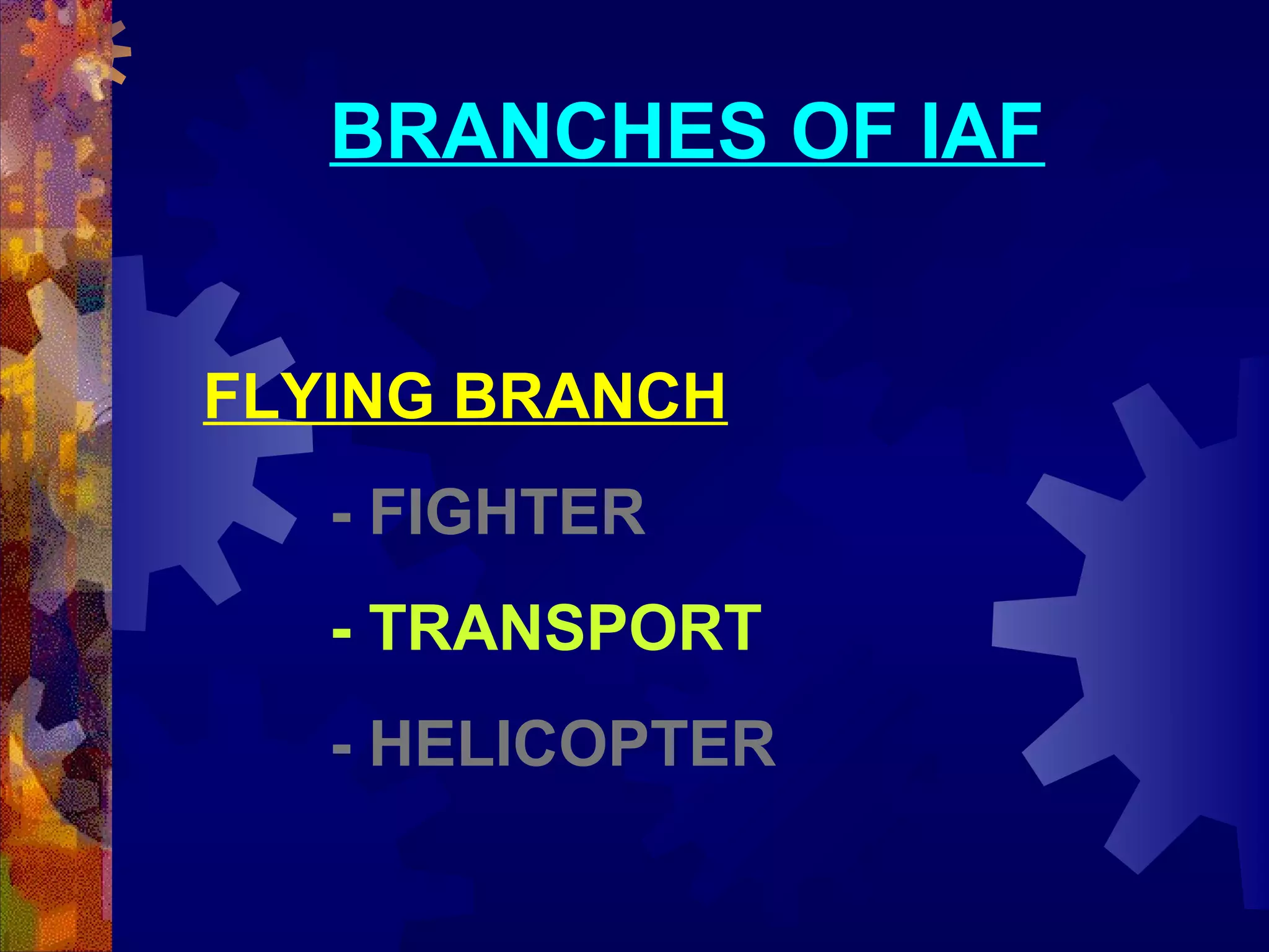 BRANCHES OF IAF
FLYING BRANCH
- FIGHTER
- TRANSPORT
- HELICOPTER

 