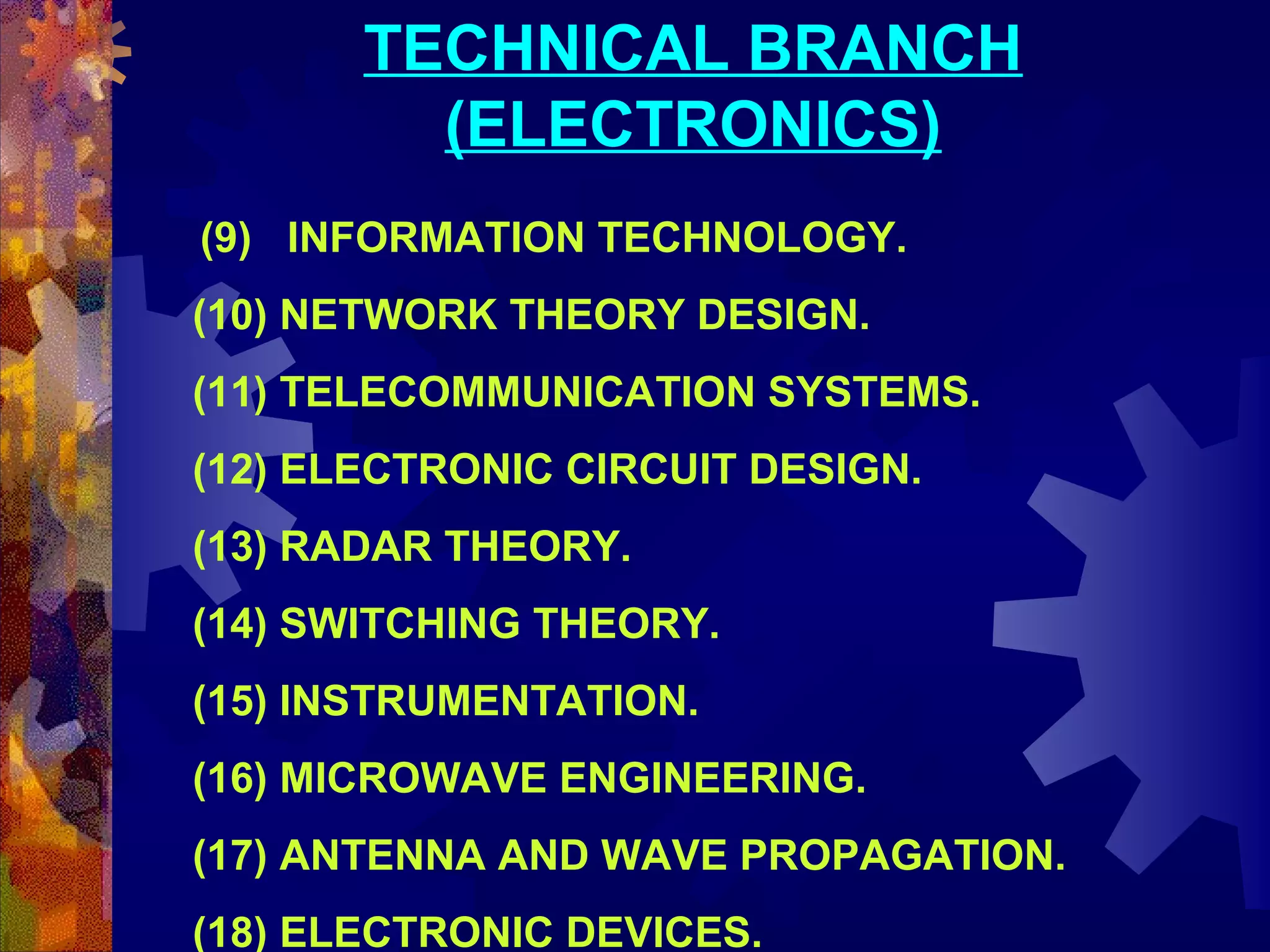 TECHNICAL BRANCH
(ELECTRONICS)
(9) INFORMATION TECHNOLOGY.
(10) NETWORK THEORY DESIGN.
(11) TELECOMMUNICATION SYSTEMS.
(12) ELECTRONIC CIRCUIT DESIGN.
(13) RADAR THEORY.
(14) SWITCHING THEORY.
(15) INSTRUMENTATION.
(16) MICROWAVE ENGINEERING.
(17) ANTENNA AND WAVE PROPAGATION.
(18) ELECTRONIC DEVICES.

 