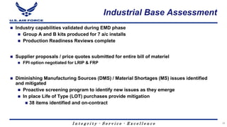 I n t e g r i t y - S e r v i c e - E x c e l l e n c e
Industrial Base Assessment
 Industry capabilities validated during EMD phase
 Group A and B kits produced for 7 a/c installs
 Production Readiness Reviews complete
 Supplier proposals / price quotes submitted for entire bill of materiel
 FPI option negotiated for LRIP & FRP
 Diminishing Manufacturing Sources (DMS) / Material Shortages (MS) issues identified
and mitigated
 Proactive screening program to identify new issues as they emerge
 In place Life of Type (LOT) purchases provide mitigation
 38 items identified and on-contract
25
 