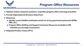 I n t e g r i t y - S e r v i c e - E x c e l l e n c e
Program Office Resources
 Address Critical manpower positions / expertise (program office manning) & facilities
 Provide Organizational Structure (Org Chart)
 Resources
 Identify current DAWIA certification levels for all key government personnel (SPMs,
PMs, etc.)
 Program Office Staffing and Support Contractor Resources Available to PM
 Identify any shortage of personnel
 Integrated Product Teams (IPTs)
36
 