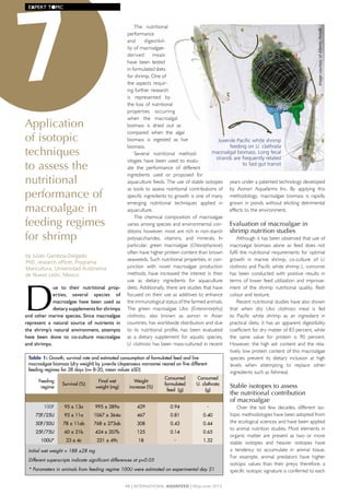 Application
of isotopic
techniques
to assess the
nutritional
performance of
macroalgae in
feeding regimes
for shrimp
by Julián Gamboa-Delgado
PhD, research officer, Programa
Maricultura, Universidad Autónoma
de Nuevo León, Mexico
D
ue	 to	 their	 nutritional	 prop-
erties,	 several	 species	 of	
macroalgae	 have	 been	 used	 as	
dietary	supplements	for	shrimps	
and	other	marine	species.	Since	macroalgae	
represent	 a	 natural	 source	 of	 nutrients	 in	
the	 shrimp’s	 natural	 environment,	 attempts	
have	 been	 done	 to	 co-culture	 macroalgae	
and	shrimps.	
The	 nutritional	
performance	
and	 digestibil-
ity	of	macroalgae-
derived	 meals	
have	 been	 tested	
in	formulated	diets	
for	shrimp.	One	of	
the	aspects	requir-
ing	further	research	
is	 represented	 by	
the	loss	of	nutritional	
properties	 occurring	
when	 the	 macroalgal	
biomass	 is	 dried	 out	 as	
compared	 when	 the	 algal	
biomass	 is	 ingested	 as	 live	
biomass.	
Several	 nutritional	 method-
ologies	have	been	used	to	evalu-
ate	 the	 performance	 of	 different	
ingredients	 used	 or	 proposed	 for	
aquaculture	feeds.	The	use	of	stable	isotopes	
as	tools	to	assess	nutritional	contributions	of	
specific	ingredients	to	growth	is	one	of	many	
emerging	 nutritional	 techniques	 applied	 in	
aquaculture.
The	 chemical	 composition	 of	 macroalgae	
varies	among	species	and	environmental	con-
ditions;	however,	most	are	rich	in	non-starch	
polysaccharides,	 vitamins,	 and	 minerals.	 In	
particular,	 green	 macroalgae	 (Chlorophyceae)	
often	have	higher	protein	content	than	brown	
seaweeds.	Such	nutritional	properties,	in	con-
junction	 with	 novel	 macroalgae	 production	
methods,	have	increased	the	interest	in	their	
use	 as	 dietary	 ingredients	 for	 aquaculture	
diets.	Additionally,	there	are	studies	that	have	
focused	on	their	use	as	additives	to	enhance	
the	immunological	status	of	the	farmed	animals.	
The	 green	 macroalgae	 Ulva (Enteromorpha)
clathrata,	 also	 known	 as	 aonori	 in	 Asian	
countries,	has	worldwide	distribution	and	due	
to	 its	 nutritional	 profile,	 has	 been	 evaluated	
as	 a	 dietary	 supplement	 for	 aquatic	 species.	
U. clathrata	has	been	mass-cultured	in	recent	
years	under	a	patented	technology	developed	
by	 Aonori	 Aquafarms	 Inc.	 By	 applying	 this	
methodology,	 macroalgae	 biomass	 is	 rapidly	
grown	in	ponds	without	eliciting	detrimental	
effects	to	the	environment.	
Evaluation of macroalgae in
shrimp nutrition studies
Although	it	has	been	observed	that	use	of	
macroalgal	 biomass	 alone	 as	 feed	 does	 not	
fulfil	the	nutritional	requirements	for	optimal	
growth	 in	 marine	 shrimp,	 co-culture	 of	 U.
clathrata	and	Pacific	white	shrimp	L. vannamei	
has	 been	 conducted	 with	 positive	 results	 in	
terms	of	lower	feed	utilization	and	improve-
ment	 of	 the	 shrimp	 nutritional	 quality,	 flesh	
colour	and	texture.	
Recent	nutritional	studies	have	also	shown	
that	 when	 dry	 Ulva clathrata	 meal	 is	 fed	
to	 Pacific	 white	 shrimp	 as	 an	 ingredient	 in	
practical	diets,	it	has	an	apparent	digestibility	
coefficient	for	dry	matter	of	83	percent,	while	
the	 same	 value	 for	 protein	 is	 90	 percent.	
However,	the	high	ash	content	and	the	rela-
tively	low	protein	content	of	this	macroalgae	
species	 prevent	 its	 dietary	 inclusion	 at	 high	
levels	 when	 attempting	 to	 replace	 other	
ingredients	such	as	fishmeal.	
Stable isotopes to assess
the nutritional contribution
of macroalgae
Over	 the	 last	 few	 decades,	 different	 iso-
topic	methodologies	have	been	adopted	from	
the	ecological	sciences	and	have	been	applied	
to	animal	nutrition	studies.	Most	elements	in	
organic	matter	are	present	as	two	or	more	
stable	 isotopes	 and	 heavier	 isotopes	 have	
a	 tendency	 to	 accumulate	 in	 animal	 tissue.	
For	 example,	 animal	 predators	 have	 higher	
isotopic	values	than	their	preys;	therefore,	a	
specific	isotopic	signature	is	conferred	to	each	
Table 1: Growth, survival rate and estimated consumption of formulated feed and live
macroalgae biomass (dry weight) by juvenile litopenaeus vannamei reared on five different
feeding regimes for 28 days (n= 8-20, mean values ±SD)
Feeding
regime
Survival (%)
Final wet
weight (mg)
Weight
increase (%)
Consumed
formulated
feed (g)
Consumed
U. clathrata
(g)
100F 95 ± 13a 995 ± 289a 429 0.94 -
75F/25U 93 ± 11a 1067 ± 364a 467 0.81 0.40
50F/50U 78 ± 11ab 768 ± 273ab 308 0.43 0.44
25F/75U 60 ± 21b 424 ± 207b 125 0.14 0.65
100U* 23 ± 4c 221 ± 49c 18 - 1.32
Initial wet weight = 188 ±28 mg
Different superscripts indicate significant differences at p<0.05
* Parameters in animals from feeding regime 100U were estimated on experimental day 21
Juvenile Pacific white shrimp
feeding on U. clathrata
macroalgal biomass. Long fecal
strands are frequently related
to fast gut transit
ImagecourtseyofAlbertoPena©
7
48 | InternatIonal AquAFeed | May-June 2013
EXPERT	T●PIC
 