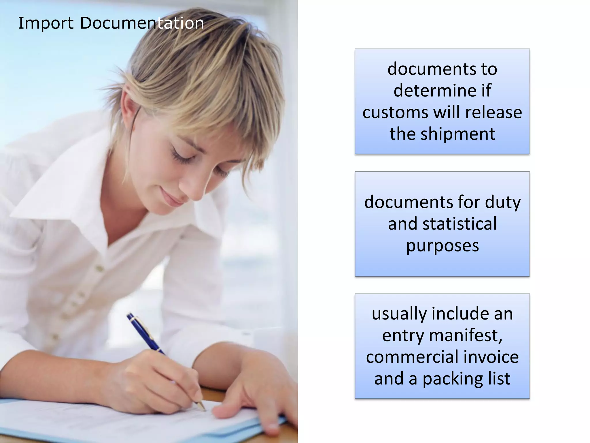 Import Documentation

                          documents to
                           determine if
                       customs will release
                          the shipment


                       documents for duty
                         and statistical
                           purposes


                        usually include an
                         entry manifest,
                       commercial invoice
                        and a packing list
 