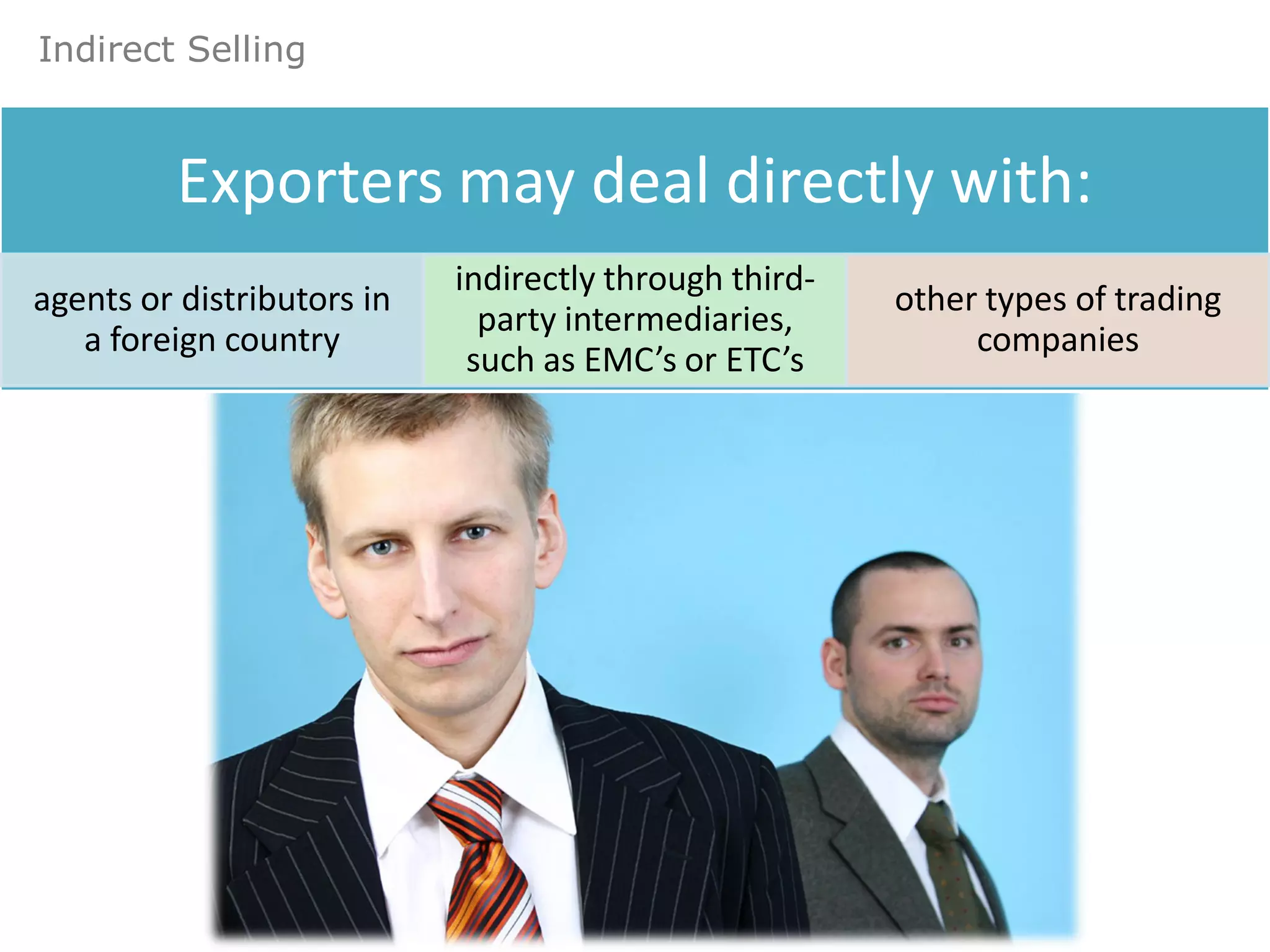 Indirect Selling



          Exporters may deal directly with:
                            indirectly through third-
agents or distributors in                               other types of trading
                              party intermediaries,
   a foreign country                                         companies
                             such as EMC’s or ETC’s
 