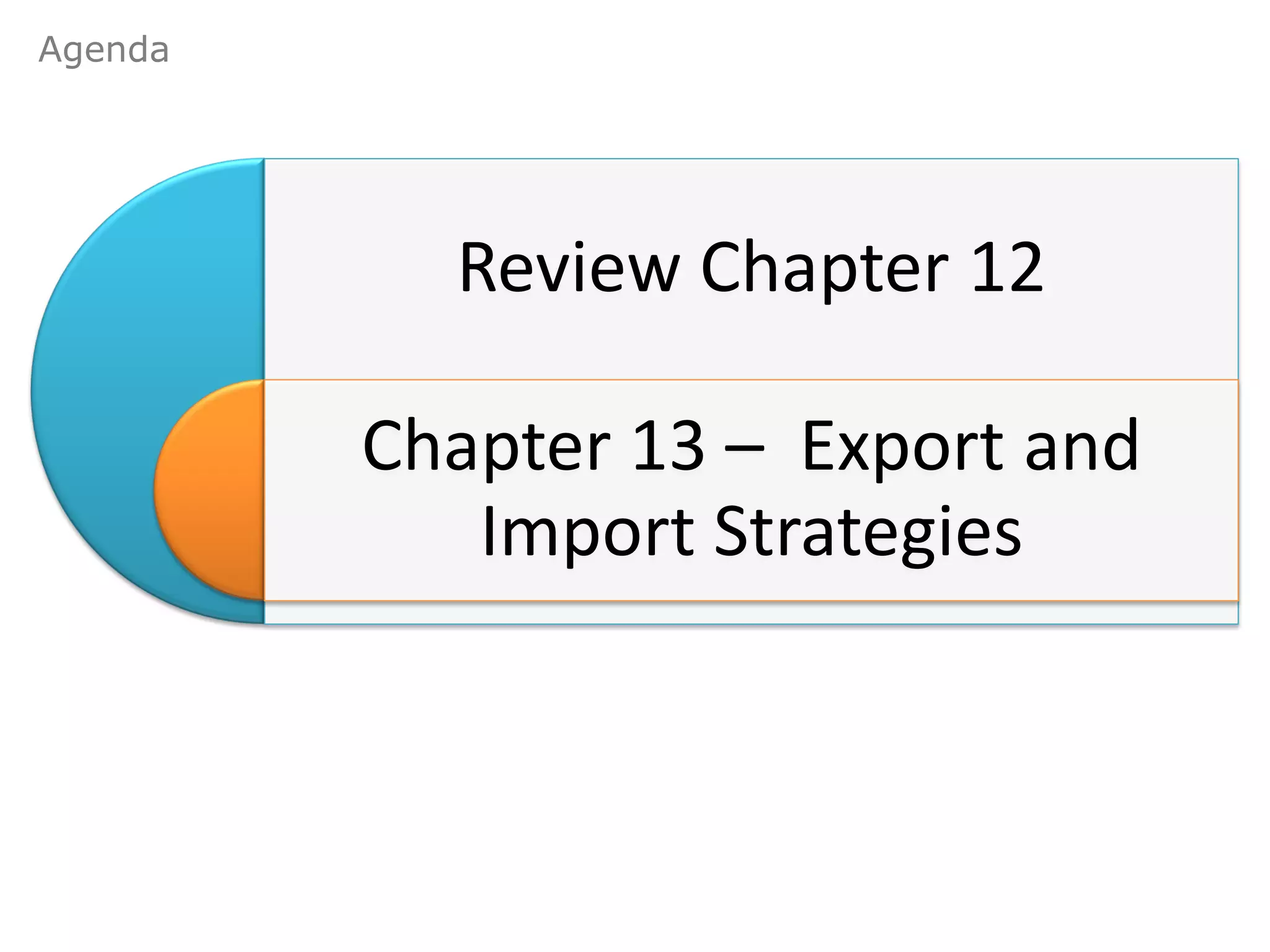 Agenda




           Review Chapter 12

         Chapter 13 – Export and
            Import Strategies
 