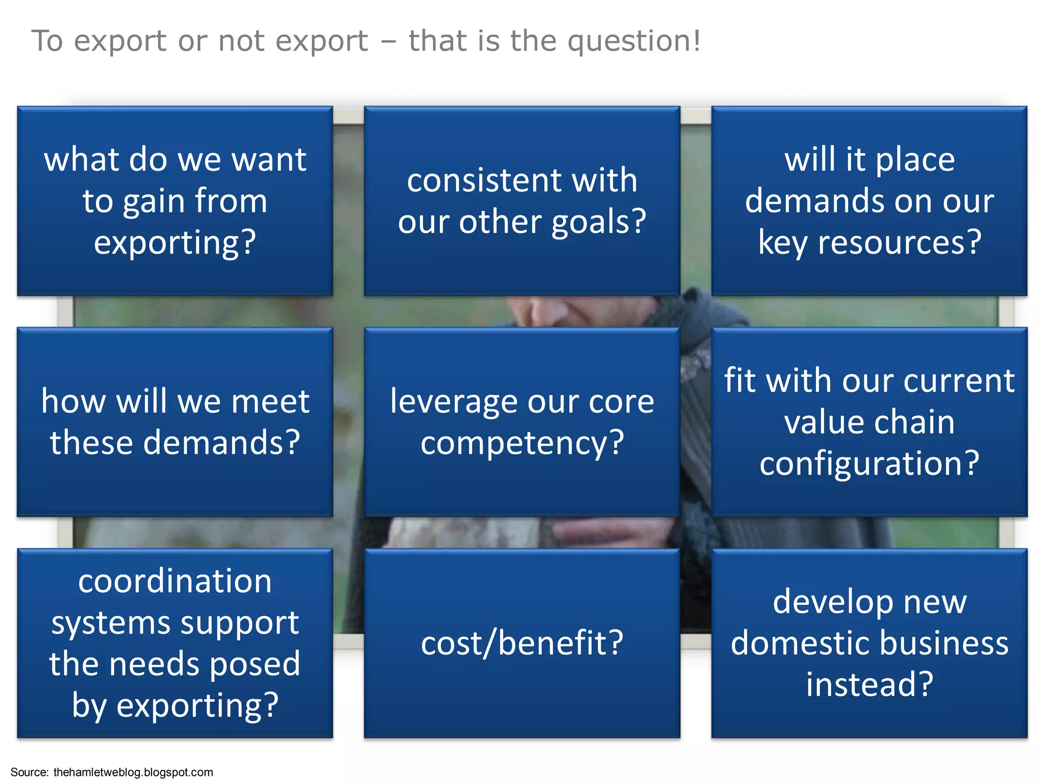 To export or not export – that is the question!



     what do we want                                           will it place
                                       consistent with
       to gain from                                         demands on our
                                       our other goals?
        exporting?                                           key resources?


                                                           fit with our current
     how will we meet                  leverage our core
                                                                value chain
     these demands?                      competency?
                                                              configuration?


        coordination
                                                             develop new
      systems support
                                        cost/benefit?      domestic business
      the needs posed
                                                               instead?
       by exporting?
Source: thehamletweblog.blogspot.com
 