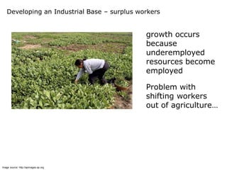 Developing an Industrial Base – surplus workers


                                             growth occurs
                                             because
                                             underemployed
                                             resources become
                                             employed

                                             Problem with
                                             shifting workers
                                             out of agriculture…




Image source: http://apimages.ap.org
 