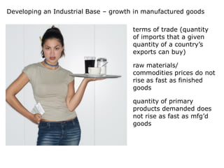 Developing an Industrial Base – growth in manufactured goods

                                      terms of trade (quantity
                                      of imports that a given
                                      quantity of a country’s
                                      exports can buy)

                                      raw materials/
                                      commodities prices do not
                                      rise as fast as finished
                                      goods

                                      quantity of primary
                                      products demanded does
                                      not rise as fast as mfg’d
                                      goods
 
