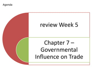 Agenda




          review Week 5

             Chapter 7 –
           Governmental
         Influence on Trade
 