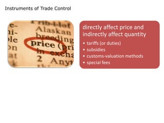 Instruments of Trade Control



                               directly affect price and
                               indirectly affect quantity
                               •   tariffs (or duties)
                               •   subsidies
                               •   customs-valuation methods
                               •   special fees
 