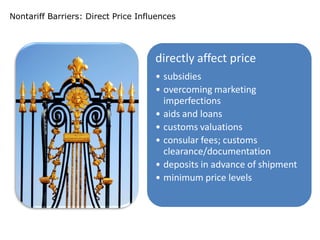 Nontariff Barriers: Direct Price Influences




                                     directly affect price
                                     • subsidies
                                     • overcoming marketing
                                       imperfections
                                     • aids and loans
                                     • customs valuations
                                     • consular fees; customs
                                       clearance/documentation
                                     • deposits in advance of shipment
                                     • minimum price levels
 