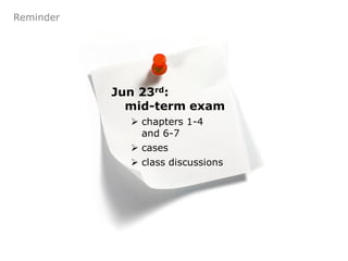 Reminder




           Jun 23rd:
             mid-term exam
              chapters 1-4
               and 6-7
              cases
              class discussions
 