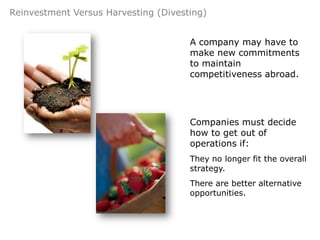 Reinvestment Versus Harvesting (Divesting)


                                      A company may have to
                                      make new commitments
                                      to maintain
                                      competitiveness abroad.




                                      Companies must decide
                                      how to get out of
                                      operations if:
                                      They no longer fit the overall
                                      strategy.
                                      There are better alternative
                                      opportunities.
 