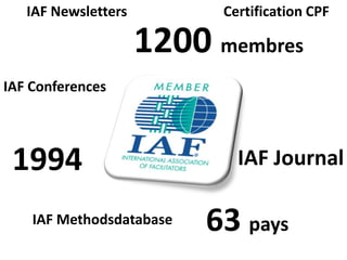 IAF Newsletters         Certification CPF

                     1200 membres
IAF Conferences




 1994                        IAF Journal

    IAF Methodsdatabase   63 pays
 