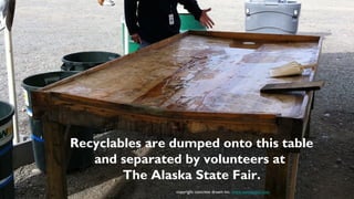 Recyclables are dumped onto this table
   and separated by volunteers at
        The Alaska State Fair.
                copyright concrete dream inc. www.stevetrash.com
 