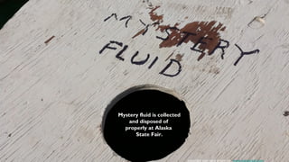 Mystery fluid is collected
    and disposed of
  properly at Alaska
      State Fair.



                             copyright concrete dream inc. www.stevetrash.com
 