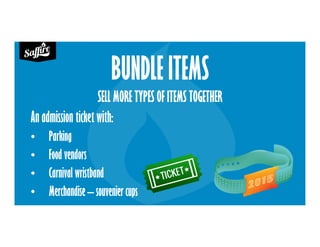BUNDLE ITEMS
SELL MORE TYPES OF ITEMS TOGETHER
An admission ticket with:
• Parking
• Food vendors
• Carnival wristband
• Merchandise – souvenier cups
 