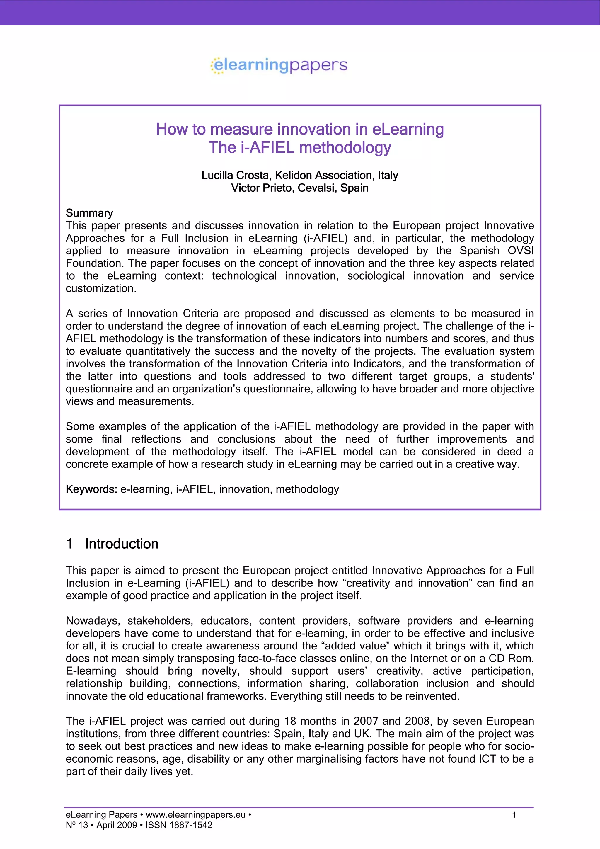 How to measure innovation in eLearning. The i-AFIEL methodology
