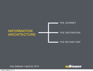 INFORMATION 
ARCHITECTURE 
THE JOURNEY 
THE DESTINATION 
THE RETURN TRIP 
Fran Zablocki • April 23, 2014 mStoner 
Tuesday, September 16, 14 
 
