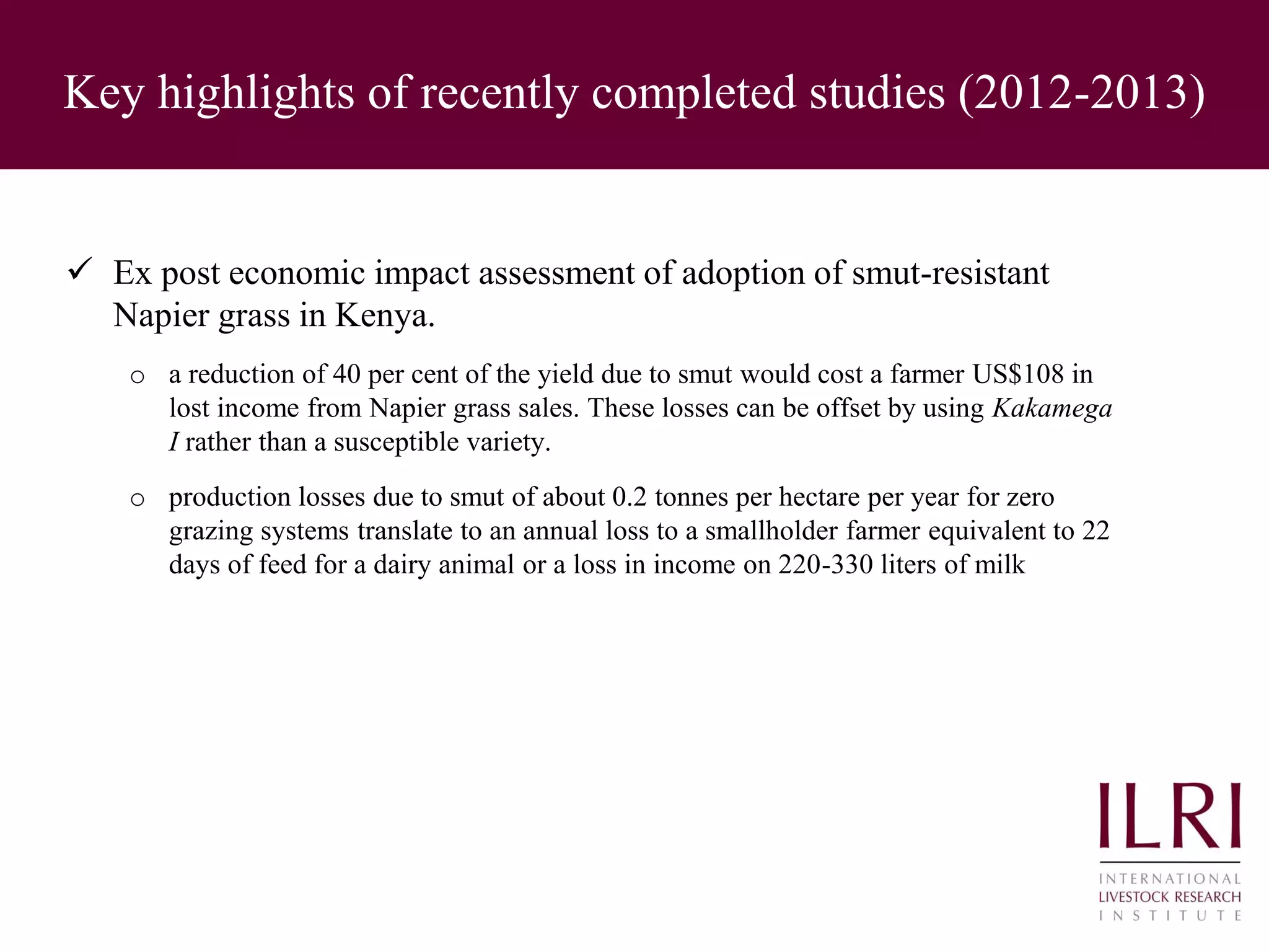 Key highlights of recently completed studies (2012-2013)
 Ex post economic impact assessment of adoption of smut-resistant
Napier grass in Kenya.
o a reduction of 40 per cent of the yield due to smut would cost a farmer US$108 in
lost income from Napier grass sales. These losses can be offset by using Kakamega
I rather than a susceptible variety.
o production losses due to smut of about 0.2 tonnes per hectare per year for zero
grazing systems translate to an annual loss to a smallholder farmer equivalent to 22
days of feed for a dairy animal or a loss in income on 220-330 liters of milk
 