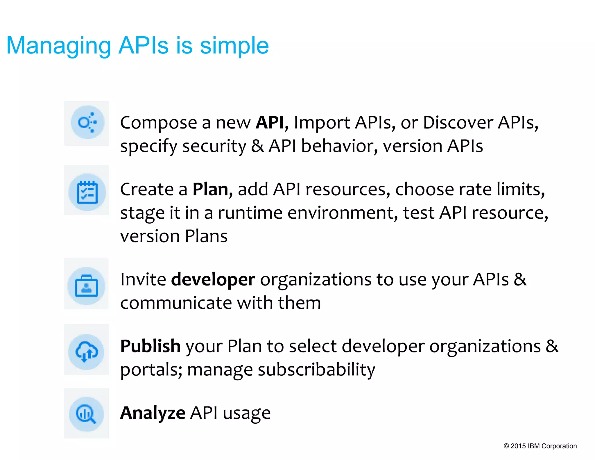 © 2015 IBM Corporation
Compose a new API, Import APIs, or Discover APIs,
specify security & API behavior, version APIs
Create a Plan, add API resources, choose rate limits,
stage it in a runtime environment, test API resource,
version Plans
Invite developer organizations to use your APIs &
communicate with them
Publish your Plan to select developer organizations &
portals; manage subscribability
Analyze API usage
Managing APIs is simple
 