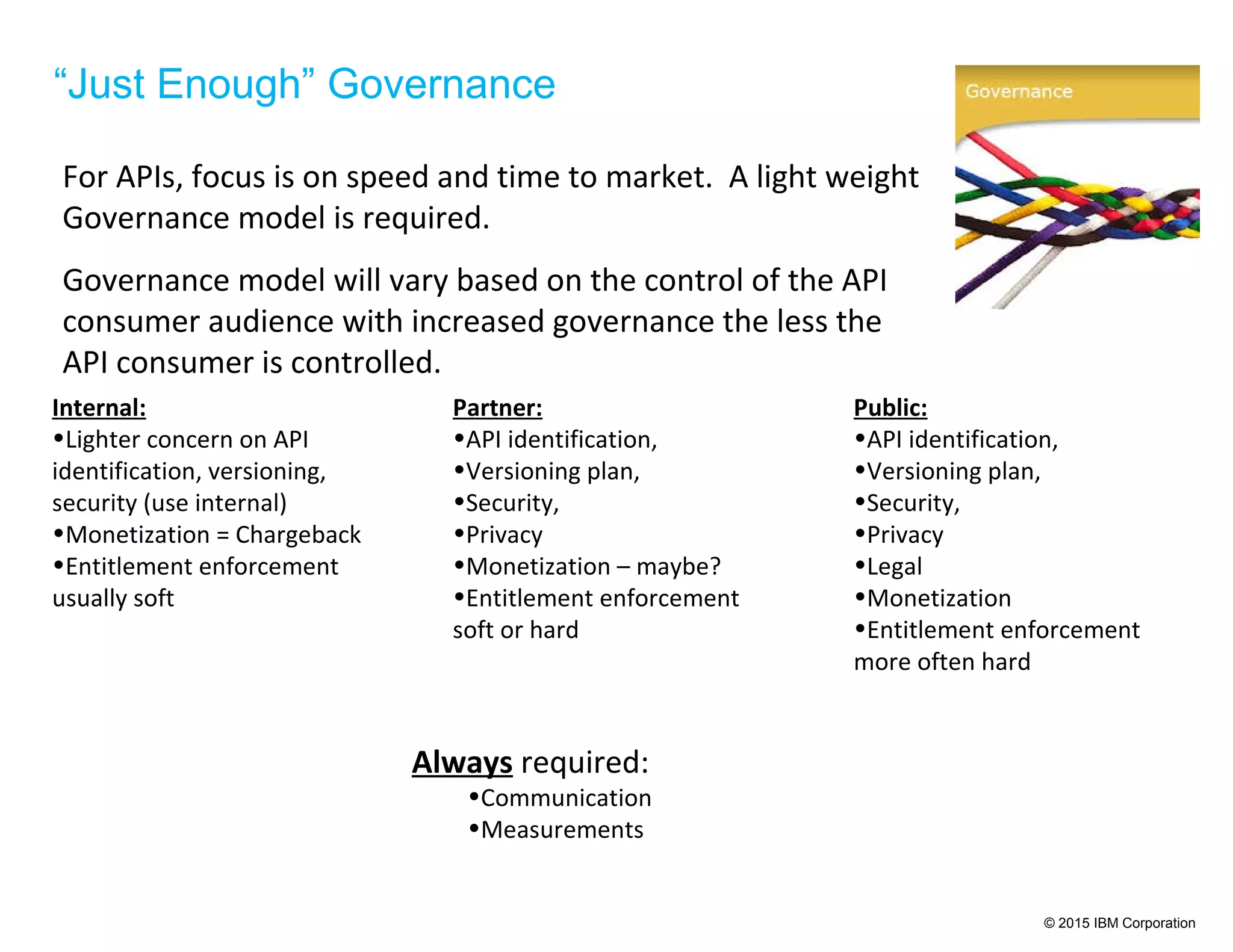© 2015 IBM Corporation
“Just Enough” Governance
For APIs, focus is on speed and time to market. A light weight
Governance model is required.
Governance model will vary based on the control of the API
consumer audience with increased governance the less the
API consumer is controlled.
Always required:
•Communication
•Measurements
Internal:
•Lighter concern on API
identification, versioning,
security (use internal)
•Monetization = Chargeback
•Entitlement enforcement
usually soft
Partner:
•API identification,
•Versioning plan,
•Security,
•Privacy
•Monetization – maybe?
•Entitlement enforcement
soft or hard
Public:
•API identification,
•Versioning plan,
•Security,
•Privacy
•Legal
•Monetization
•Entitlement enforcement
more often hard
 