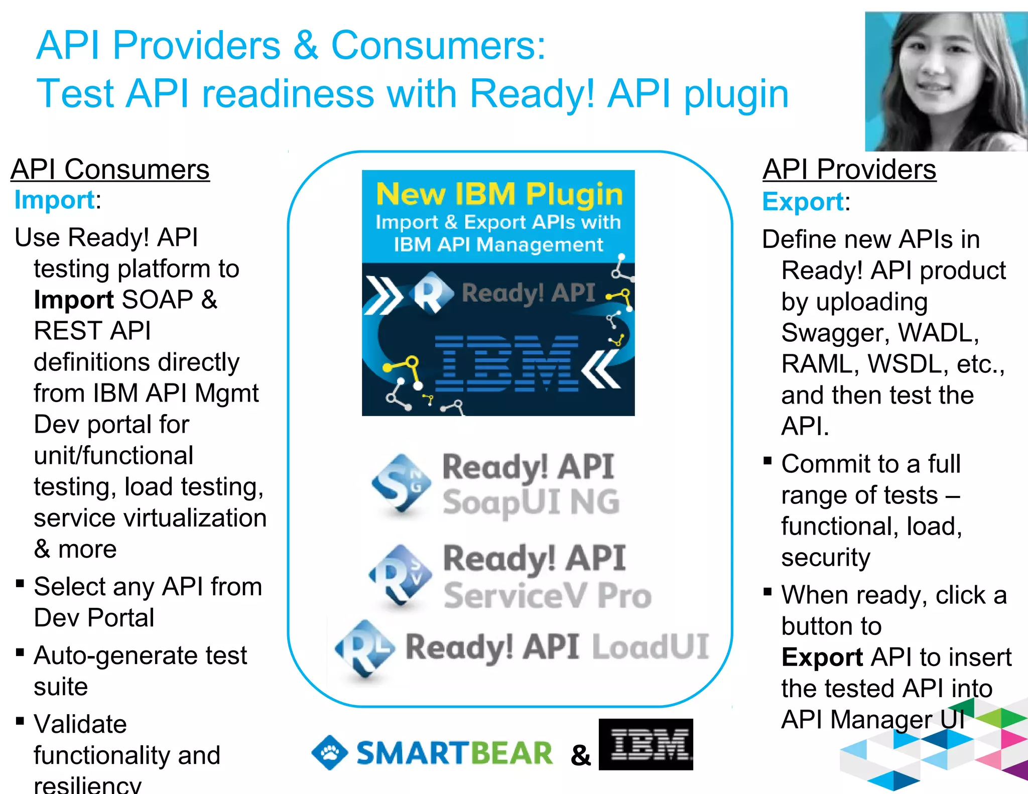 API Providers & Consumers:
Test API readiness with Ready! API plugin
Export:
Define new APIs in
Ready! API product
by uploading
Swagger, WADL,
RAML, WSDL, etc.,
and then test the
API.
 Commit to a full
range of tests –
functional, load,
security
 When ready, click a
button to
Export API to insert
the tested API into
API Manager UI
Import:
Use Ready! API
testing platform to
Import SOAP &
REST API
definitions directly
from IBM API Mgmt
Dev portal for
unit/functional
testing, load testing,
service virtualization
& more
 Select any API from
Dev Portal
 Auto-generate test
suite
 Validate
functionality and &
API Consumers API Providers
 