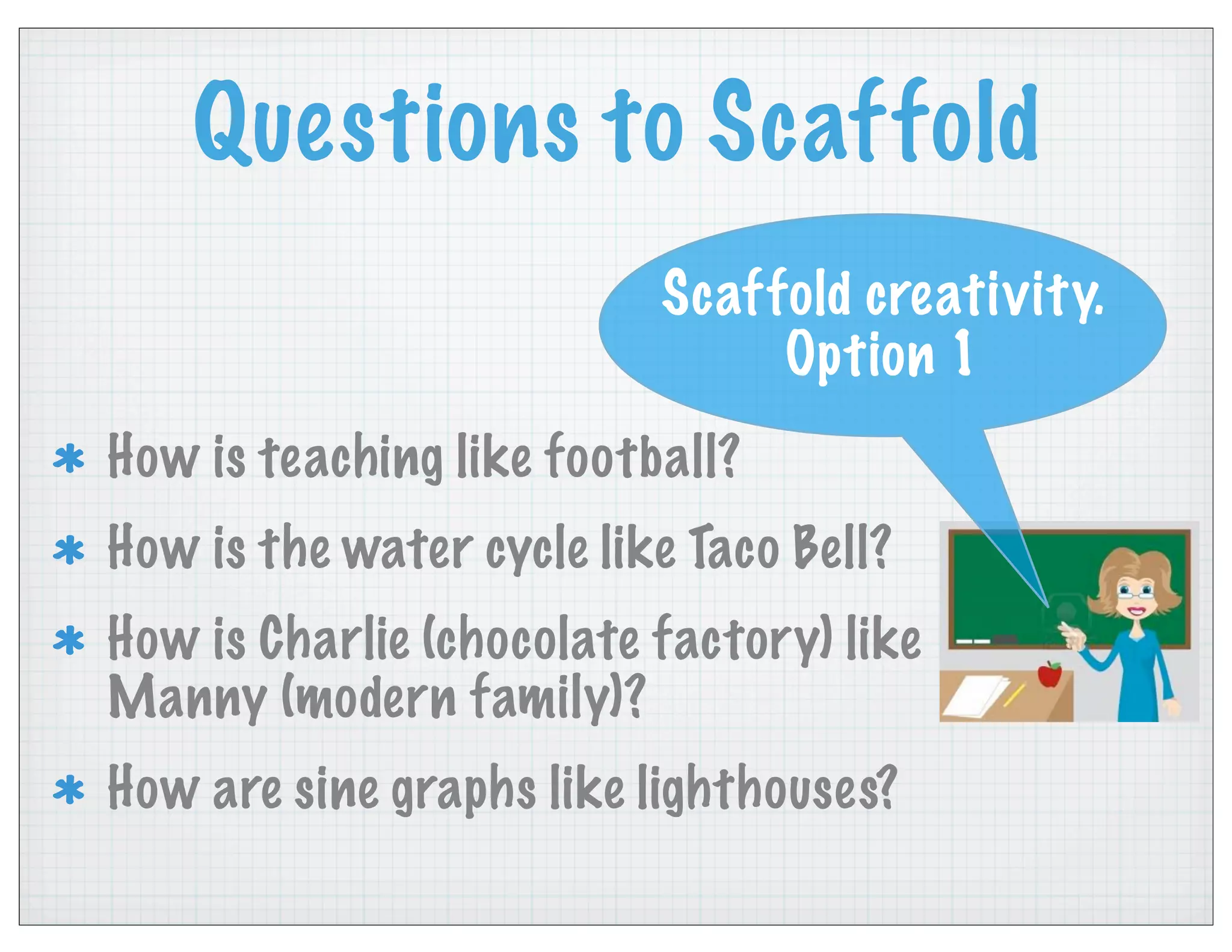 Questions to Scaffold
How is teaching like football?
How is the water cycle like Taco Bell?
How is Charlie (chocolate factory) like
Manny (modern family)?
How are sine graphs like lighthouses?
Scaffold creativity.
Option 1
 