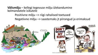 Välismõju – kellegi tegevuse mõju ülekandumine
kolmandatele isikutele
Positiivne mõju –> riigi rahalised toetused
Negatiivne mõju –> saastemaks jt piirangud ja erimaksud
 