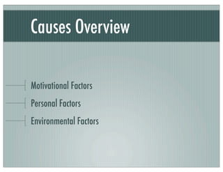 Causes Overview
Motivational Factors
Personal Factors
Environmental Factors
 