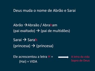Deus muda o nome de Abrão e Sarai


Abrão Abraão / Abraham
(pai exaltado)  (pai de multidões)

Sarai  Sarah
(princesa)  (princesa)

Ele acrescentou a letra H =           A letra da vida
    (Hai) = VIDA                      Sopro de Deus
 