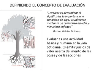 DEFINIENDO EL CONCEPTO DE EVALUACIÓN “ ..evaluar es determinar el significado, la importancia, o condición de algo, usualmente mediante un cuidadoso estudio y minucioso enfoque” Merriam Webster Dictionary   Evaluar es una actividad básica y humana en la vida cotidiana. Es emitir juicios de valor acerca del mérito de las cosas y de las acciones 