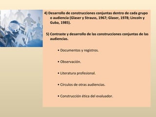 4) Desarrollo de construcciones conjuntas dentro de cada grupo o audiencia (Glaser y Strauss, 1967; Glaser, 1978; Lincoln y Guba, 1985).   5) Contraste y desarrollo de las construcciones conjuntas de las audiencias.   •  Documentos y registros.   •  Observación.   •  Literatura profesional.   •  Círculos de otras audiencias.   •  Construcción ética del evaluador. 