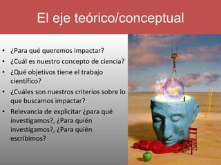 ¿Para qué queremos impactar? ¿Cuál es nuestro concepto de ciencia? ¿Qué objetivos tiene el trabajo científico? ¿Cuáles son nuestros criterios sobre lo que buscamos impactar? Relevancia de explicitar ¿para qué investigamos?, ¿Para quién investigamos?, ¿Para quién escribimos? El eje teórico/conceptual 
