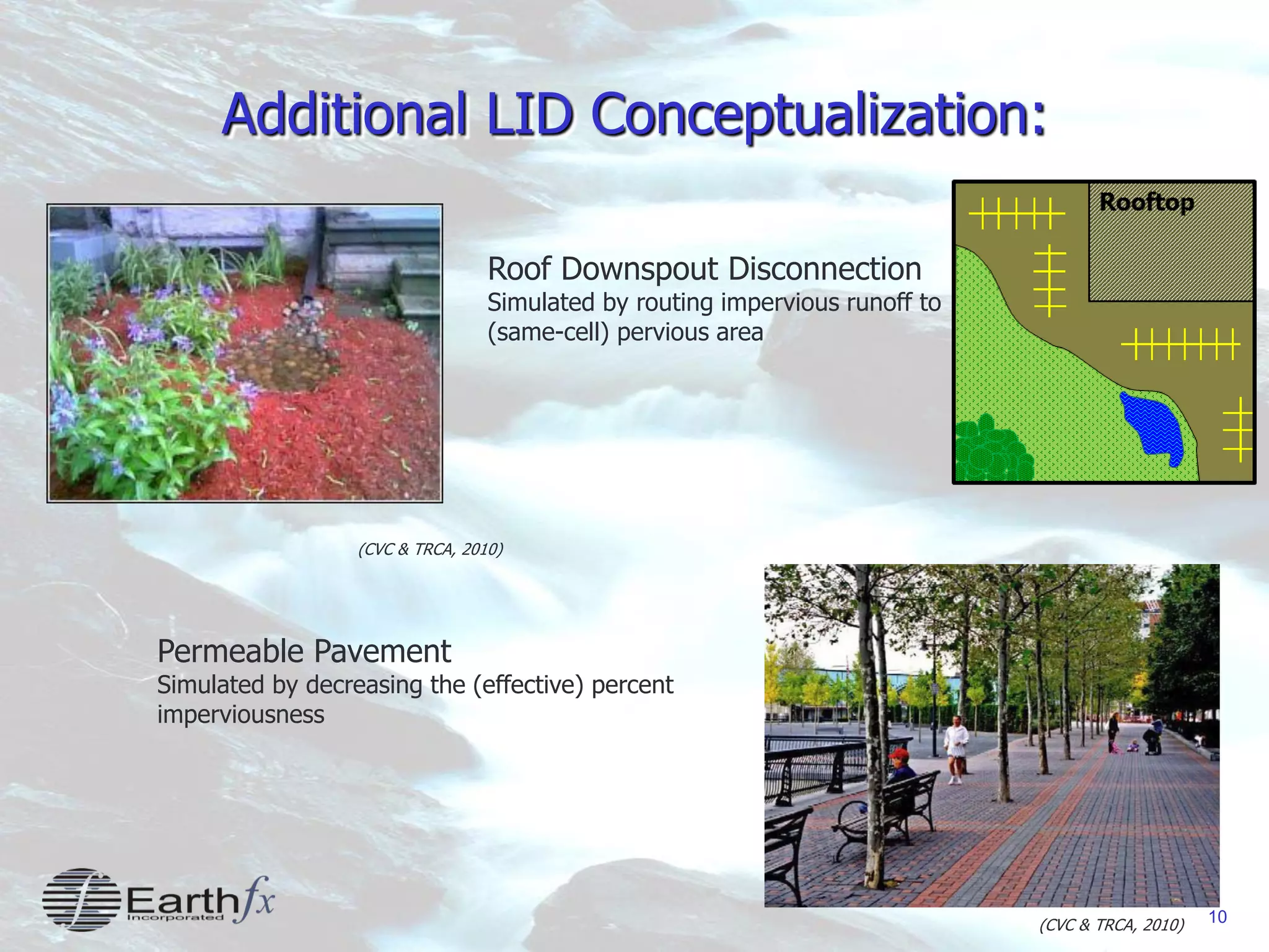 10
Additional LID Conceptualization:
Permeable Pavement
Simulated by decreasing the (effective) percent
imperviousness
Roof Downspout Disconnection
Simulated by routing impervious runoff to
(same-cell) pervious area
(CVC & TRCA, 2010)
(CVC & TRCA, 2010)
 