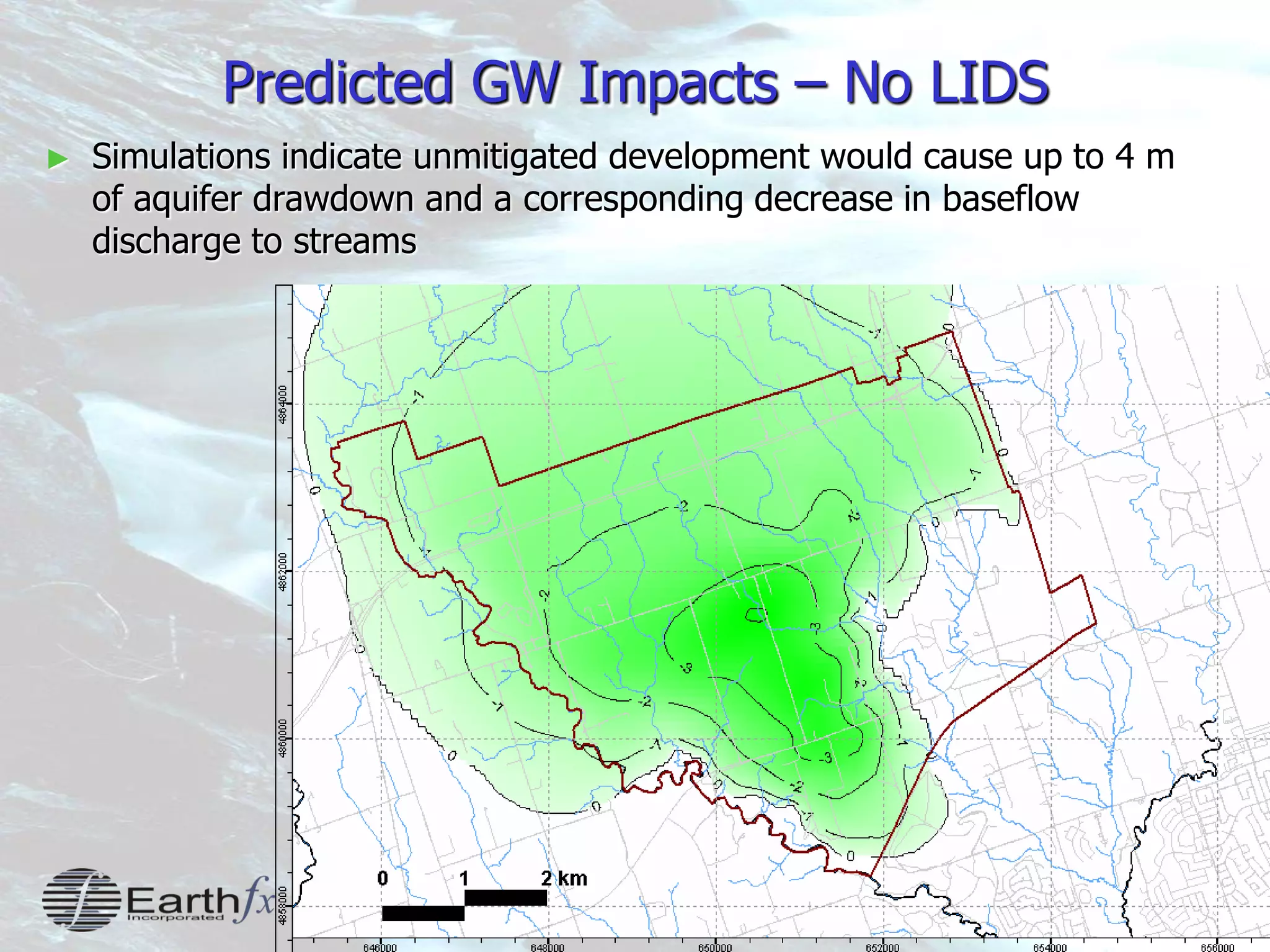 29
Predicted GW Impacts – No LIDS
► Simulations indicate unmitigated development would cause up to 4 m
of aquifer drawdown and a corresponding decrease in baseflow
discharge to streams
 