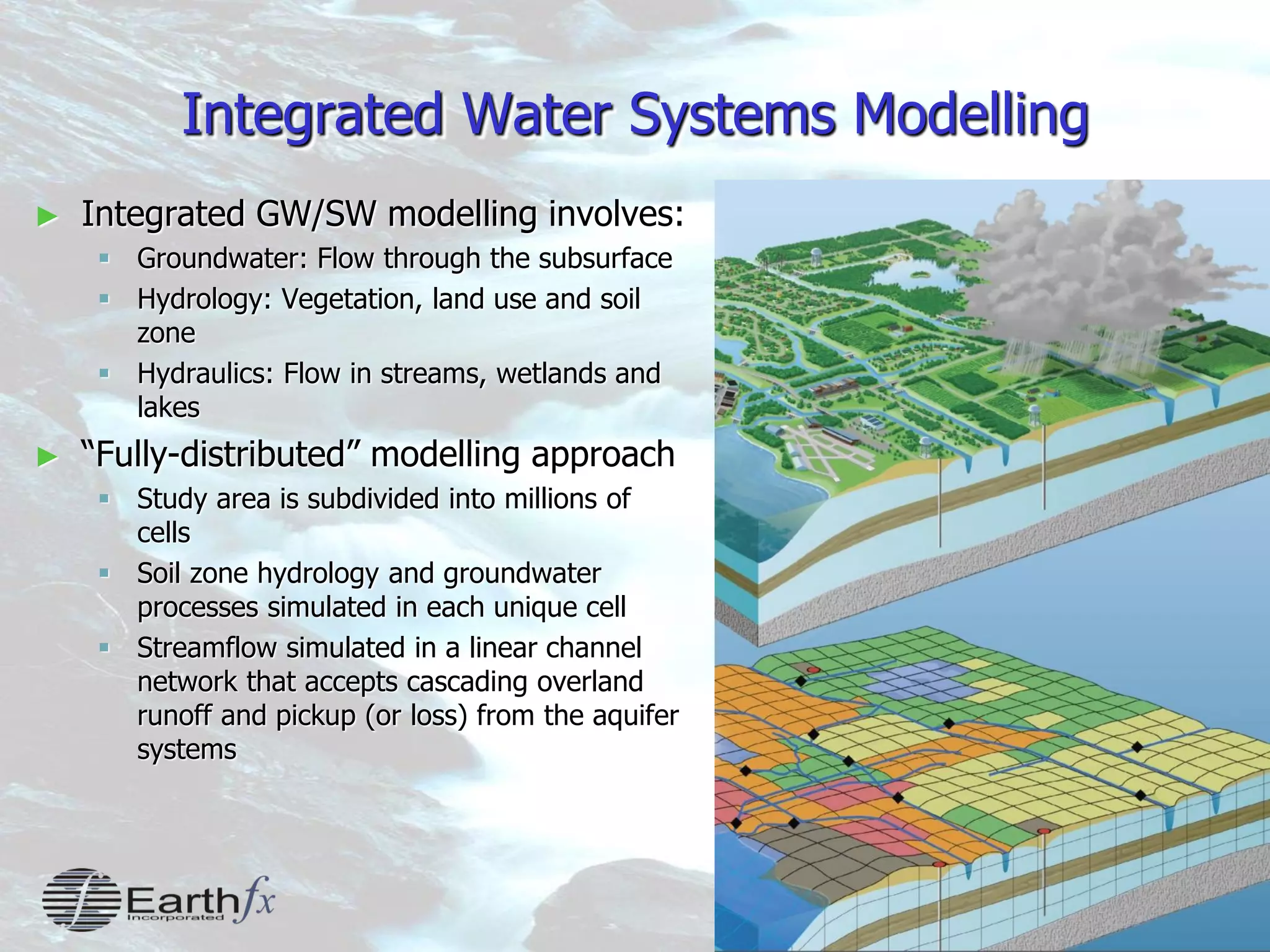 5
Integrated Water Systems Modelling
► Integrated GW/SW modelling involves:
 Groundwater: Flow through the subsurface
 Hydrology: Vegetation, land use and soil
zone
 Hydraulics: Flow in streams, wetlands and
lakes
► “Fully-distributed” modelling approach
 Study area is subdivided into millions of
cells
 Soil zone hydrology and groundwater
processes simulated in each unique cell
 Streamflow simulated in a linear channel
network that accepts cascading overland
runoff and pickup (or loss) from the aquifer
systems
 