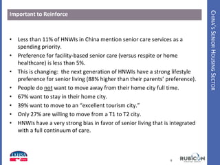 CHINA’SSENIORHOUSINGSECTOR
Important to Reinforce
• Less than 11% of HNWIs in China mention senior care services as a
spending priority.
• Preference for facility-based senior care (versus respite or home
healthcare) is less than 5%.
• This is changing: the next generation of HNWIs have a strong lifestyle
preference for senior living (88% higher than their parents’ preference).
• People do not want to move away from their home city full time.
• 67% want to stay in their home city.
• 39% want to move to an “excellent tourism city.”
• Only 27% are willing to move from a T1 to T2 city.
• HNWIs have a very strong bias in favor of senior living that is integrated
with a full continuum of care.
9www.HealthIntelAsia.com
 