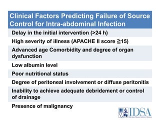 In patients who have persistent or recurrent clinical evidence of intra-abdominal infection after 4–7 days of therapy, appropriate diagnostic investigation should be undertaken. This should include CT or ultrasound imaging. Antimicrobial therapy effective against the organisms initially identified should be continued (A-III). Extra-abdominal sources of infection and noninfectious inflammatory conditions should also be investigated if the patient is not experiencing a satisfactory clinical response to a microbiologically adequate initial empiric antimicrobial regimen (A-II). 