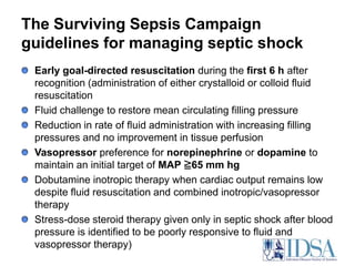 The Surviving Sepsis Campaign guidelines for managing septic shockEarly goal-directed resuscitation during the first 6 h after recognition (administration of either crystalloid or colloid fluid resuscitationFluid challenge to restore mean circulating filling pressureReduction in rate of fluid administration with increasing filling pressures and no improvement in tissue perfusionVasopressor preference for norepinephrine or dopamine to maintain an initial target of MAP ≧65 mm hgDobutamine inotropic therapy when cardiac output remains low despite fluid resuscitation and combined inotropic/vasopressor therapyStress-dose steroid therapy given only in septic shock after blood pressure is identified to be poorly responsive to fluid and vasopressor therapy)