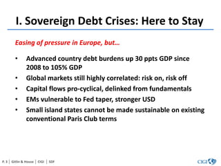 I. Sovereign Debt Crises: Here to Stay
Easing of pressure in Europe, but…

•
•
•
•
•

Advanced country debt burdens up 30 ...