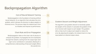 Backpropagation Algorithm
1
Core of Neural Network Training
Backpropagation is the foundation of training artificial
neural networks. It's an algorithm that calculates the error
gradient, which indicates the direction to adjust weights to
minimize errors. This process helps the network learn from
its mistakes and improve its performance.
2 Gradient Descent and Weight Adjustment
The algorithm uses gradient descent to iteratively update
the weights of the network. It calculates the gradient of the
error function with respect to each weight. This gradient
tells us how much to adjust each weight to reduce the
error. By adjusting the weights, the network learns to map
input patterns to desired output values.
3
Chain Rule and Error Propagation
Backpropagation relies on the chain rule of calculus to
compute the gradient. It propagates the error backwards
through the network, starting from the output layer. Each
layer's error contribution is calculated, allowing for a
comprehensive understanding of how each weight affects
the overall error.
 