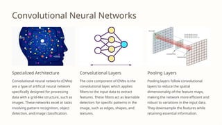 Convolutional Neural Networks
Specialized Architecture
Convolutional neural networks (CNNs)
are a type of artificial neural network
specifically designed for processing
data with a grid-like structure, such as
images. These networks excel at tasks
involving pattern recognition, object
detection, and image classification.
Convolutional Layers
The core component of CNNs is the
convolutional layer, which applies
filters to the input data to extract
features. These filters act as learnable
detectors for specific patterns in the
image, such as edges, shapes, and
textures.
Pooling Layers
Pooling layers follow convolutional
layers to reduce the spatial
dimensionality of the feature maps,
making the network more efficient and
robust to variations in the input data.
They downsample the features while
retaining essential information.
 